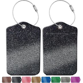 2 Pcs Luggage Tags for Suitcase, Cute Unique PU Leather Travel Bag Tag with Privacy Cover ID Label Address Card and Durable Metal Ring Suitable for Men Women Backpack (Glitter Gold)