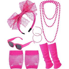 80s Accessories for Women Lace Headband Earrings Fishnet Gloves Necklace Sunglasses Leg Warmers for 80s Retro Party