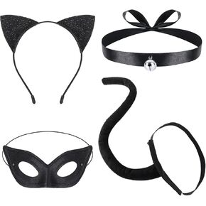 Black Cat Costume for Women,Cat Ear Headband Tail Cat Eye Cover Chocker Necklace Anime Cosplay Costumes for Women Masquerade Fancy Dress