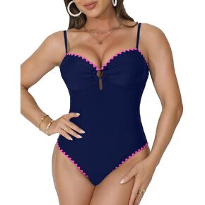 Women's One Piece Swimsuit Sweetheart Neck Bathing Suit Front Ring Cutout Adjustable Straps Stitched Swimwear