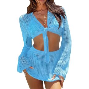 Fisoew Womens Crochet Swimsuit Coverups 2 Piece Bathing Suit Cover Up Long Sleeve Tie Front Crop Top Mini Skirt Sets