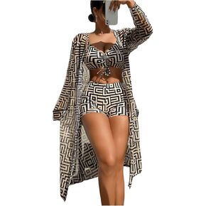 WDIRARA Women's 3 Pieces Bikini Set Geo Print Bathing Suit Drawstring Swimsuit with Cover Ups Kimono