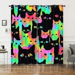 AILONEN Cute Cat Window Curtain, Kawaii Neon Animal Window Treatments Drapes for Kids Boys Bedroom,Colourful Rainbow Gradient Kitten Drapes Curtains, 52" W x 84" H 2 Panels