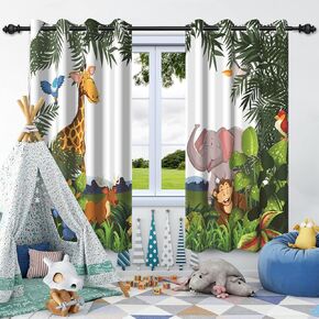 Cartoon Safari Animals Window Curtains Green Jungle Fauna Wildlife Zoo Themed Blackout Curtain Grommet Top for Kids Nursery Playroom Bedroom Decor Window Drapes 2 Panel Set, 52x72 Inch