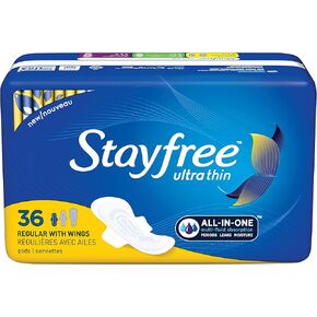 منصات عادية رقيقة من Stayfree مع أجنحة للنساء ، والحماية الموثوقة والامتصاص للرطوبة الأنثوية ، والتسربات والفترات ، 36 عددًا