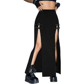 Women's Causal Gothic Maxi Skirt with Double Side Slits & Buckles for Party