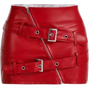 WDIRARA Women's Zip Front Buckle PU Leather Bodycon Mini Skirt Rave Club Y2k Skirt