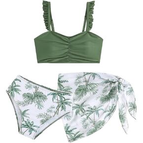 SweatyRocks Girl's 3 Piece Swimsuit Tropical Print Ruched Bathing Suit with Sarong Wraps