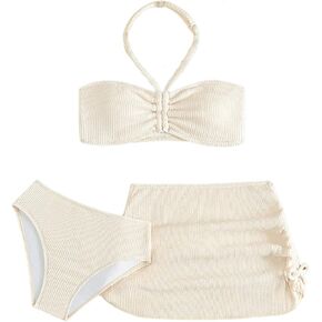 Girl's 3 Piece Swimsuit Textured Halter Bikini Set High Waisted Bathing Suit with Beach Cover Up Skirts Beachwear