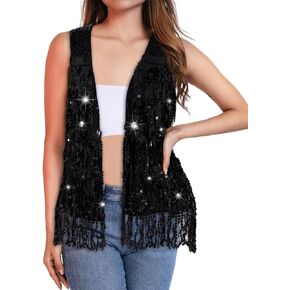 Asooll Fringe Sequin Vest Black Sparkly Jacket for Women