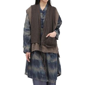 Women's Linen Sleeveless Layered Vest Retro Imitation Two-Piece Jacket Vest with Pockets Front Tie Closure