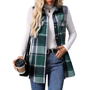 ZILIN Women's Flannel Plaid Vest Button Down Sleeveless Shacket Shirt Jacket