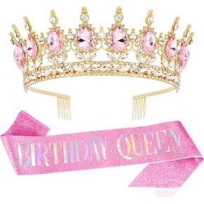 مجموعة عيد ميلاد و SASH للنساء - Pink Rhinestone Tiara & Queen Sash لزخارف حفلة عيد الميلاد