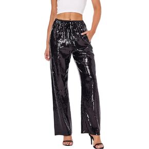 Women's Sequin Pants Shiny Sparkly Party Club Night Out Metallic Casual Wide Leg Pants Trousers