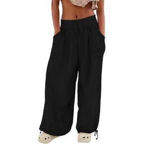 utcoco Womens Casual Loose Fit Wide Leg Cotton Pants Drawstring Stitching Baggy Pants Trousers with Pockets