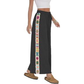 Haellun Womens Casual Comfy Pants High Waist Boho Wide Leg Cropped Palazzo Crochet Beach Pants with Pockets
