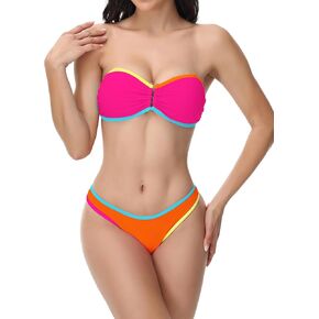 Hytensun Women's Sexy U Wired Bikini Set Color Block Bandeau 2 قطع السباحة بدلة السباحة الخلفية ذاتية