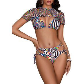 Shenhe Women's 3 قطع السباحة للسباحة zebra طباعة مثلث الرسن Mid Rise Bikini مجموعة مع التستر على
