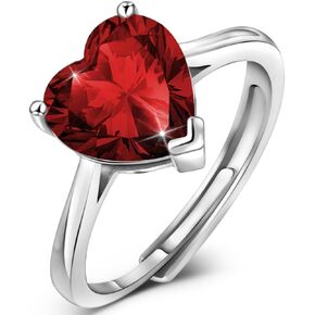 Simulated Gemstone Birthstone Adjustable Rings for Women 10 * 10mm Heart Promise Rings for Her, 925 Sterling Silver Plated Engagement Rings for Women Birthday Jewelry Gifts