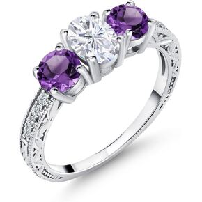 Gem Stone King 1.97 Cttw 925 Sterling Silver Purple Amethyst and Moissanite 3-Stone Engagement Ring For Women | 3 Stone Wedding Anniversary Promise Ring For Women | Size 5,6,7,8,9