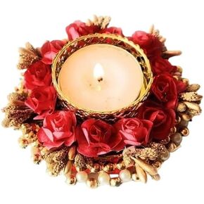 Rose Flower Tea Light Candle Holder, Housewarming Decor Traditional Diyas for Diwali, Indoor Home Mandir Puja Lamps, Table Decorative. (10.2 x 10.2 x 5.1 Cm, 15)