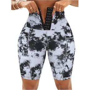 WDIRARA Women's Tie Dye Hook and Eye Front Legging Pants Tummy Control High Waist Biker Shorts