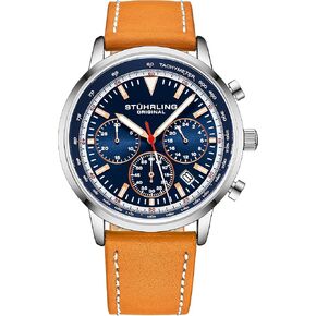 Stuhrling Original Chronograph Watch Men's Watches 44mm Steel Case Blue Dial with Leather Strap Tachymeter 24-Hour Subdial