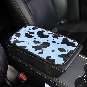 Cow Print Car Center Console Cover, PVC Leather Waterproof Armrest Seat Box Cover Protector, Comfortable Car Decor Accessories Fit for Most Cars, Vehicles, SUVs (White Black)