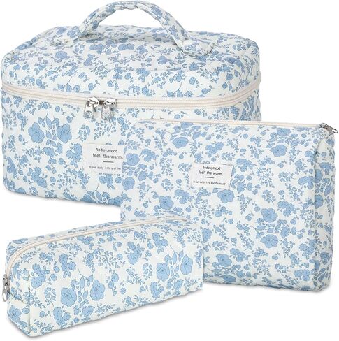 senbowe Floral Makeup Bag, 3 Pack Large Cotton Quilted Makeup Bag Set, Cute Floral Coquette Aesthetic Toiletry Bag Make Up Cosmetic Bag for Women, Toiletry Travel Make Up Organizer Bag in Saudi Arabia