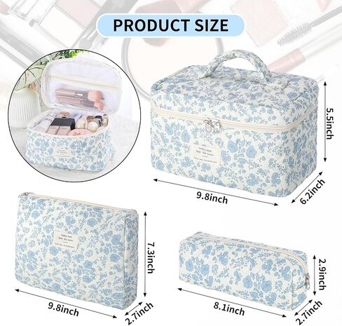 senbowe Floral Makeup Bag, 3 Pack Large Cotton Quilted Makeup Bag Set, Cute Floral Coquette Aesthetic Toiletry Bag Make Up Cosmetic Bag for Women, Toiletry Travel Make Up Organizer Bag in Saudi Arabia