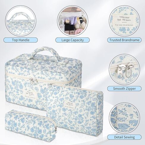 senbowe Floral Makeup Bag, 3 Pack Large Cotton Quilted Makeup Bag Set, Cute Floral Coquette Aesthetic Toiletry Bag Make Up Cosmetic Bag for Women, Toiletry Travel Make Up Organizer Bag in Saudi Arabia
