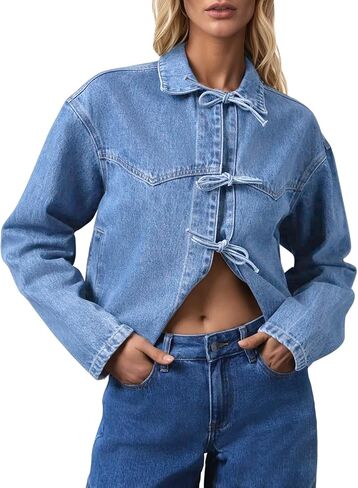 Tankaneo Womens Bow Tie Broup Jackets مقصود من جنيات الدنيم المقطوعة بشكل كبير الحجم غير الرسمي جان أكواخ Jean y2k خفيفة الوزن معاطف لطيف in Saudi Arabia