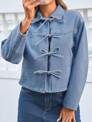 Tankaneo Womens Bow Tie Broup Jackets مقصود من جنيات الدنيم المقطوعة بشكل كبير الحجم غير الرسمي جان أكواخ Jean y2k خفيفة الوزن معاطف لطيف in Saudi Arabia