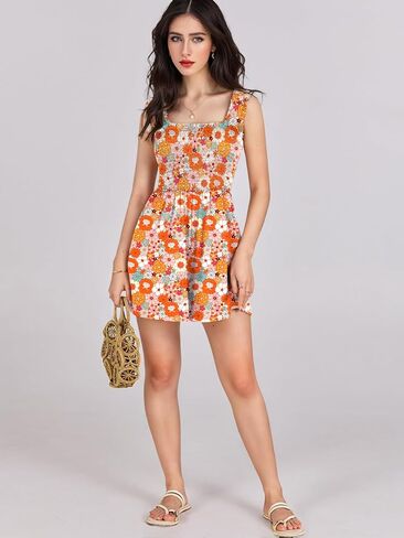 Rompers for Women 2025 Summer Casual Smocked Sleeveless Printed Dressy Romper Shorts Jumpsuit Beach Vacation Outfits in Saudi Arabia