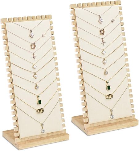 MOOCA 2 Pcs Set Bamboo Freestanding Medium Necklace Bracelet Holder Stand, Jewelry Display, Necklace Display for Multiple 12 Necklaces or Bracelets, Beige Color, 7.1W x 4.5D x 14.9H in in Saudi Arabia
