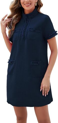 Ladyful Womens Tweed Jackie Dress Short Sleeve Elegant Mini Dress V Neck Work Office Business Wedding Guest Dress in Saudi Arabia