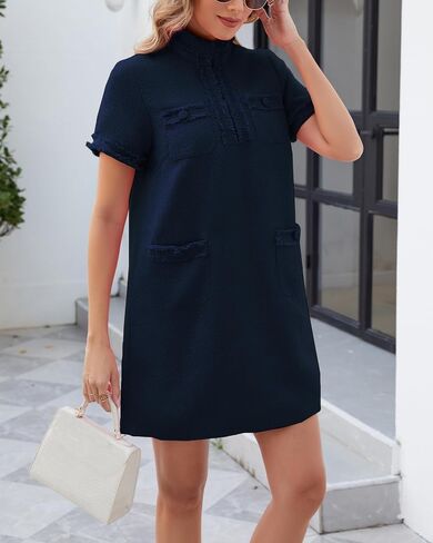 Ladyful Womens Tweed Jackie Dress Short Sleeve Elegant Mini Dress V Neck Work Office Business Wedding Guest Dress in Saudi Arabia