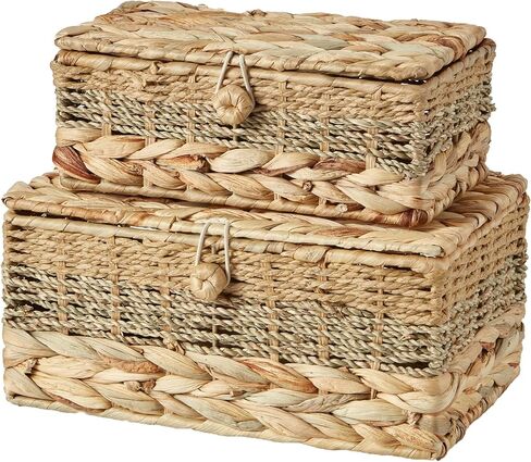 2PCS Wicker Storage Baskets with Lids Decorative Bohemian Handmade Rattan Boxes Natural Water Hyacinth Seagrass Paper Rope Woven Bins Shelf Container Memory Keepsake Photo Makeup Organizer in Kuwait