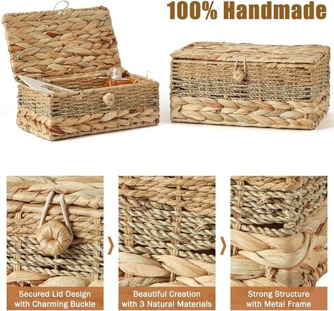 2PCS Wicker Storage Baskets with Lids Decorative Bohemian Handmade Rattan Boxes Natural Water Hyacinth Seagrass Paper Rope Woven Bins Shelf Container Memory Keepsake Photo Makeup Organizer in Kuwait