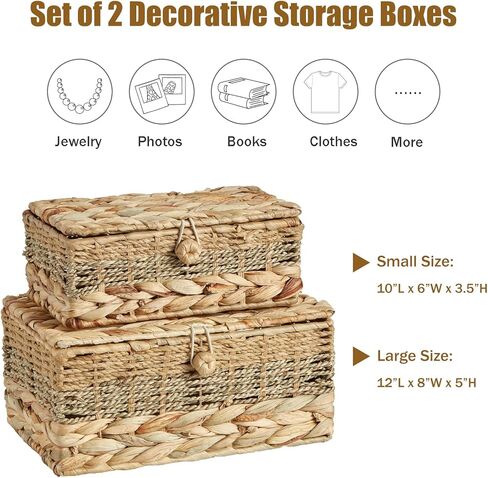 2PCS Wicker Storage Baskets with Lids Decorative Bohemian Handmade Rattan Boxes Natural Water Hyacinth Seagrass Paper Rope Woven Bins Shelf Container Memory Keepsake Photo Makeup Organizer in Kuwait