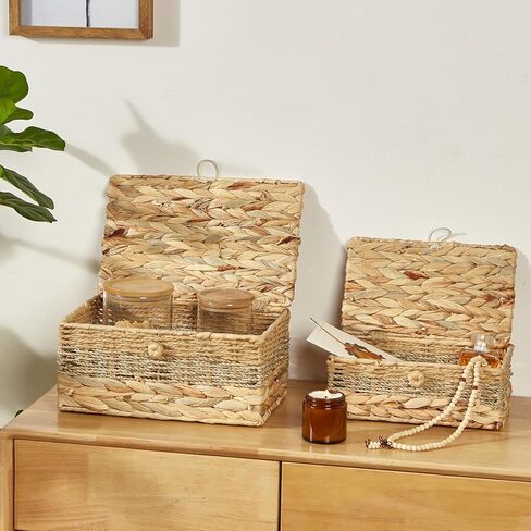 2PCS Wicker Storage Baskets with Lids Decorative Bohemian Handmade Rattan Boxes Natural Water Hyacinth Seagrass Paper Rope Woven Bins Shelf Container Memory Keepsake Photo Makeup Organizer in Kuwait