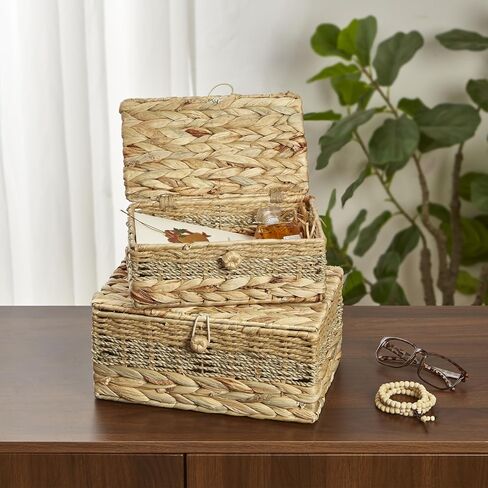 2PCS Wicker Storage Baskets with Lids Decorative Bohemian Handmade Rattan Boxes Natural Water Hyacinth Seagrass Paper Rope Woven Bins Shelf Container Memory Keepsake Photo Makeup Organizer in Kuwait