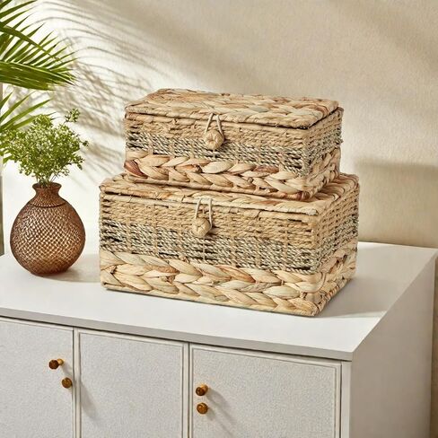 2PCS Wicker Storage Baskets with Lids Decorative Bohemian Handmade Rattan Boxes Natural Water Hyacinth Seagrass Paper Rope Woven Bins Shelf Container Memory Keepsake Photo Makeup Organizer in Kuwait