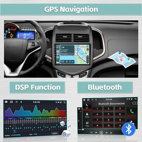 Hikity Android Car Stereo ترقية 2+64G لسيارة Chevy Aveo Sonic 2011-2015 مع Carplay Android Auto، راديو بشاشة لمس 9 بوصة مع نظام تحديد المواقع العالمي (GPS) وكاميرا احتياطية FM RDS SWC in Kuwait