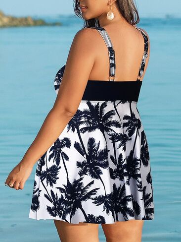 Women's Plus Size Two Piece Tankini Swimdress with Shorts Wide Strap V Neck Bathing Suit Dress in Saudi Arabia