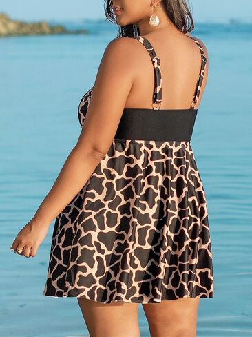 Women's Plus Size Two Piece Tankini Swimdress with Shorts Wide Strap V Neck Bathing Suit Dress in Saudi Arabia