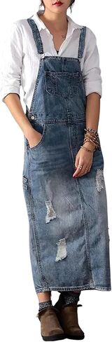 Women's Vintage Distressed Adjustable Strap Denim Overall Dress A-Line Split Pinafore Bib Jean Dress in Kuwait