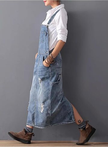 Women's Vintage Distressed Adjustable Strap Denim Overall Dress A-Line Split Pinafore Bib Jean Dress in Kuwait