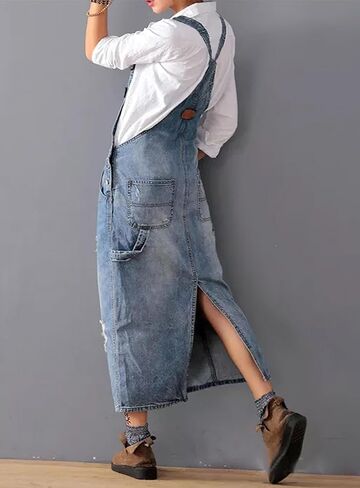 Women's Vintage Distressed Adjustable Strap Denim Overall Dress A-Line Split Pinafore Bib Jean Dress in Kuwait