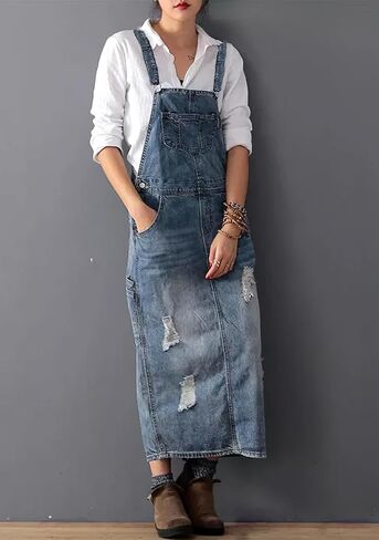 Women's Vintage Distressed Adjustable Strap Denim Overall Dress A-Line Split Pinafore Bib Jean Dress in Kuwait